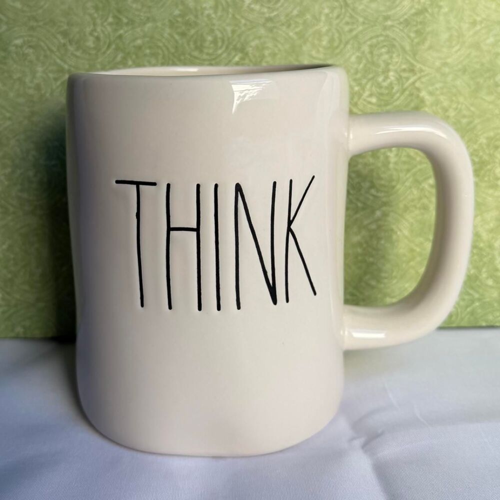 Rae Dunn 'THINK' Mug Ceramic Cup White Cream Large Black Letters